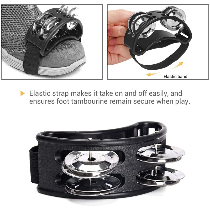 Pandereta de pie, campanas de instrumentos musicales de percusión con 4 campanas de Jingle de Metal de París y correa ajustable, color negro, 2 uds.
