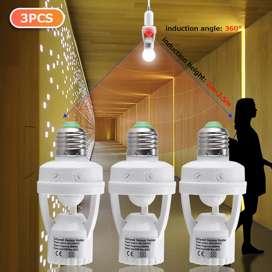 Socket E27 Converter With PIR Motion Sensor Smart Home High Sensitivity Smart Switch E27 Lamp Holder Base For Led Lamp: 3 pcs