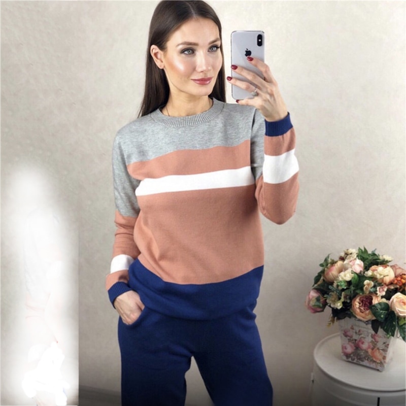 Autumn and winter casual women's knit sweater pants suit knit sportswear color strip stitching wool knit suit