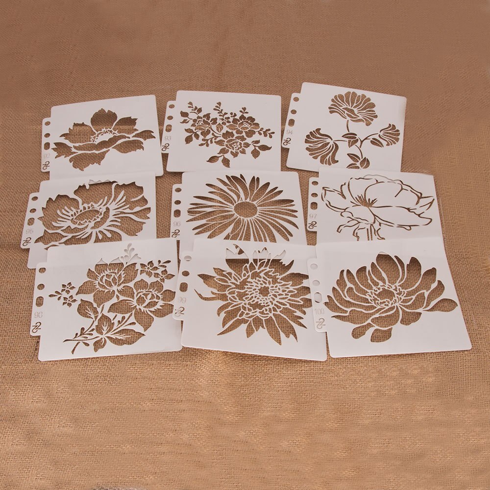9pcs 14.1cmx13cm Reusable Plastic Mandala Stencils Painting Templates for Painting DIY Art Projects(9 different flowers) SR92100