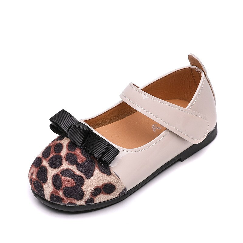 Moda Leopardo Meninas das Crianças Sapatos de Couro Sapatos Único 2019 Primavera e No Outono Novo Arco Suave Casual Crianças Meninas Princesa sapatos: Bege / 8