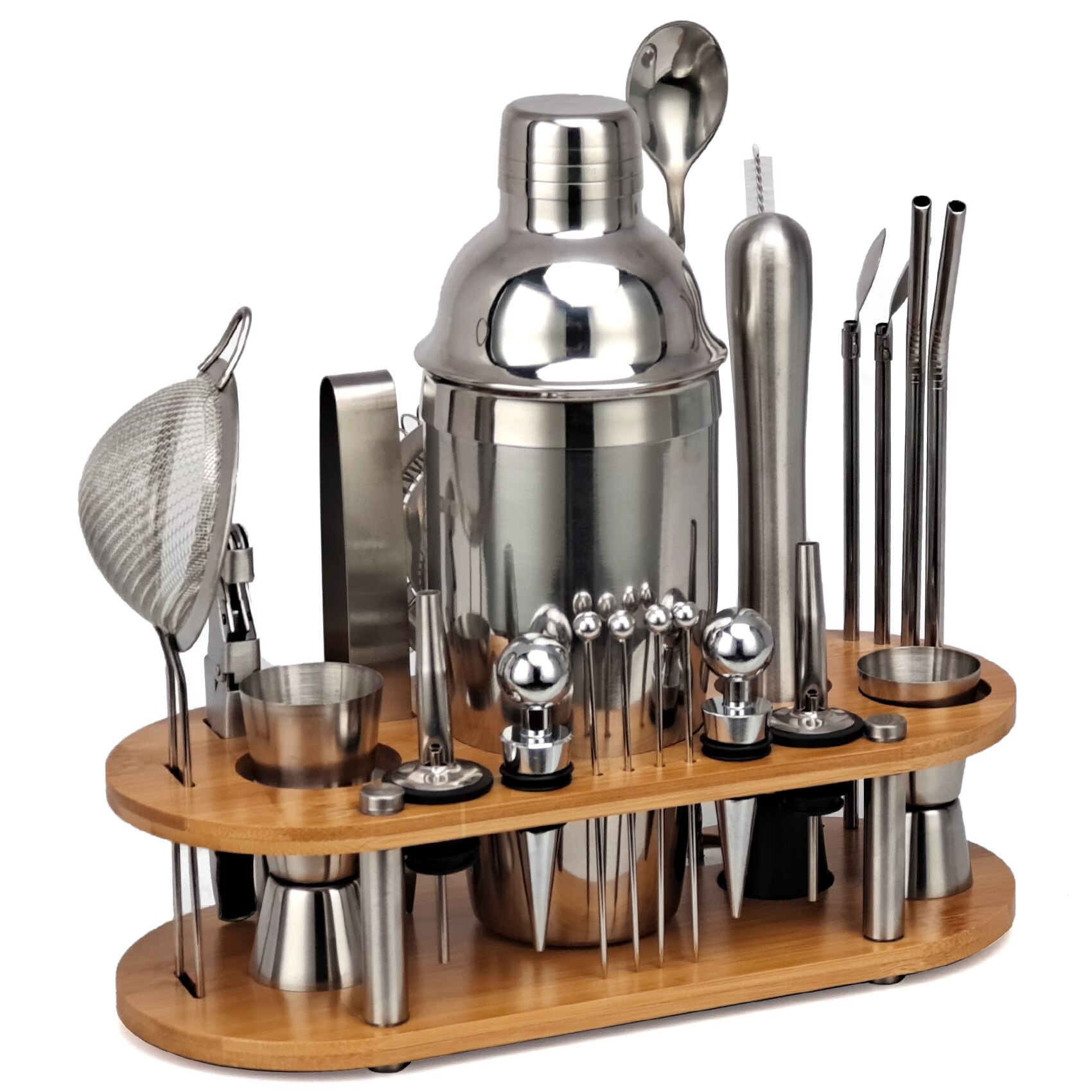 23-Piece Cocktail Shaker Set,Bartender Kit With Oval Bamboo Stand Detachable, Home Bar Tools Stainless Steel ,Perfect: 750ML