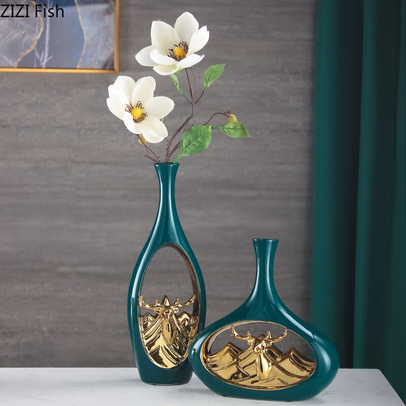 Vase en céramique nordique décoratif tête de cerf Vase doré Arrangement de fleurs florales creux porcelaine fleurs insérer décor à la maison moderne