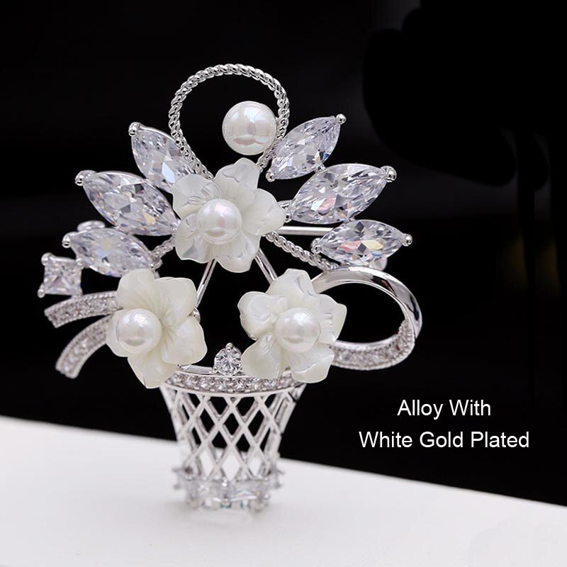 RED TREES Flower Basket Brooch - Zircon & Shell Pearl - Sterling Silver Plated - Wedding Bouquet Accessory