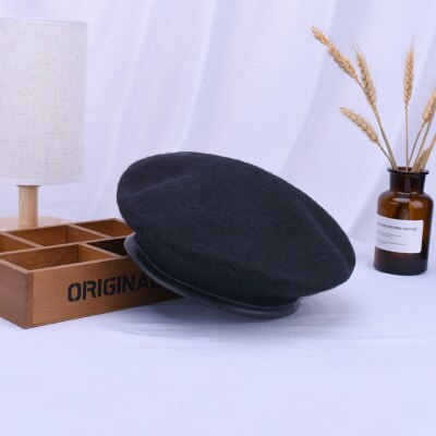 Ymsaid skóra francuski beret czapka czarna kobieta 100 wełna czuł malarze berety dla kobiet zima jesień czapka typu czapka bez daszka rozmiar 56-58cm: czarny