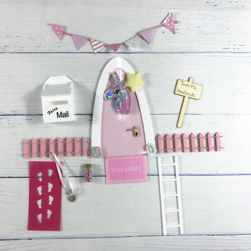 Hand Made pink Arch Fairy door great for girls miniature magic fairies tooth fairy door Set Dust Welcome Mat Feet Printer