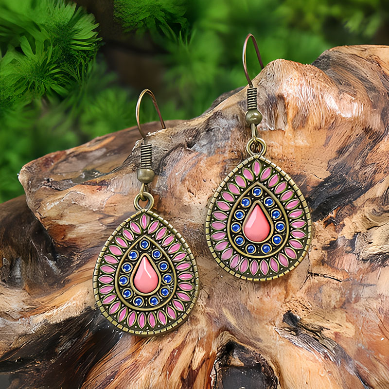 Pendientes de gota de agua de aleación étnica bohemia para mujer, pendientes colgantes de aceite de gota Multicolor Retro, joyería para diaria y vacaciones: VERMEIL