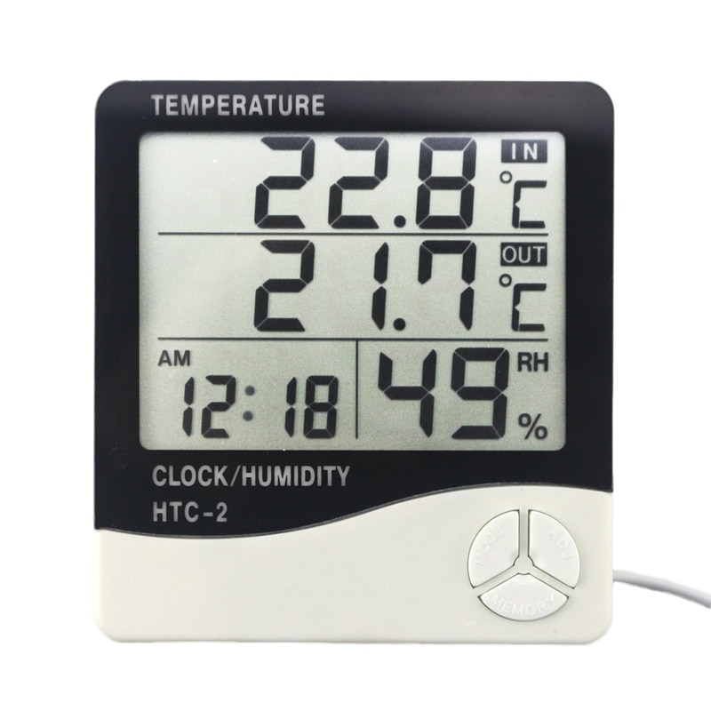 HTC-2 Digitale Thermometer Hygrometer Weerstation Temperatuur Vochtigheid Meter Klok Muur Indoor Outdoor Sonde Lcd