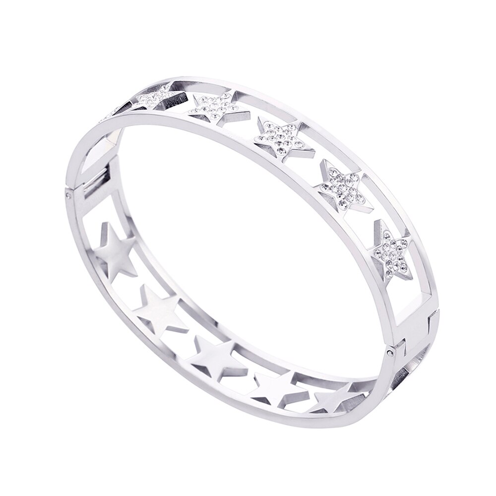 Prata ouro aço inoxidável pulseiras largas para mulheres estrelas de cristal branco pode abrir e fechar mão pulseiras presente 2021 novo