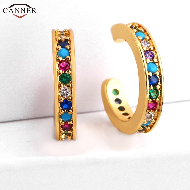 Small Cuff Earrings for Women Rianbow Zircon Half Circle Clip Earrings CZ Crystal Ear Cuffs Gold No Pierced Jewelry H40