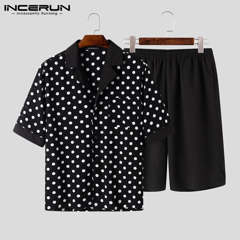 Men Loose Homewear Suits Comfy Sleepwear Sets INCERUN Leisure Polka Dot Blouse Elastice Waist Shorts Pajamas Suits S-5XL