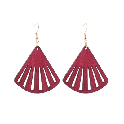 YULUCH Ethnic woman earring for wooden fan-shaped hollow pendant earrings jewelry: red