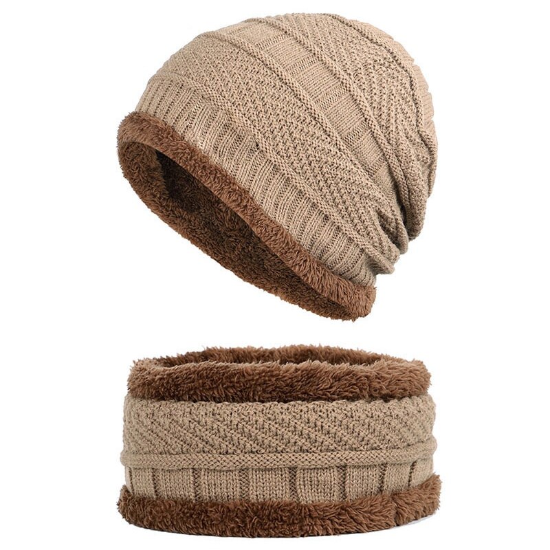 Strikket hat unisex vinter tyk varm fleece foret hals varmere tørklæde sæt til snowboard skiløb skøjteløb: Khaki