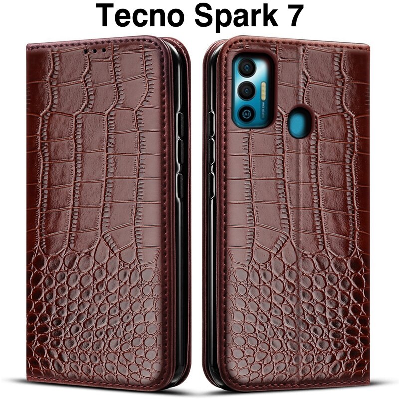 Étui à rabat en cuir pour Tecno Spark 7, porte-cartes, coque de téléphone: Deep Brown