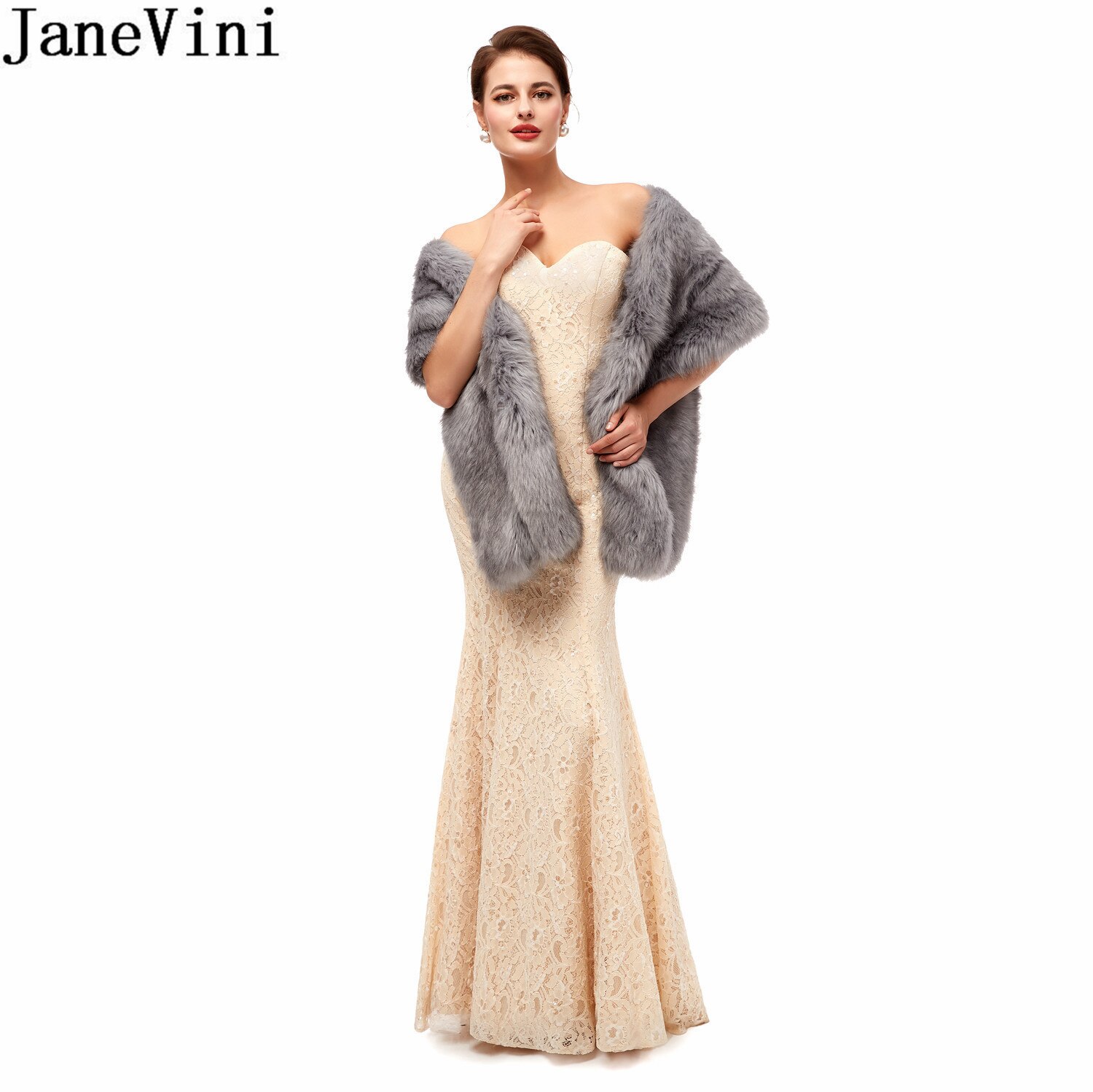 JaneVini elegante pelliccia grigia bolero da sposa festa di nozze avvolgere stola in pelliccia sintetica giacca da donna sposa scialle da sposa cappe etole mariage