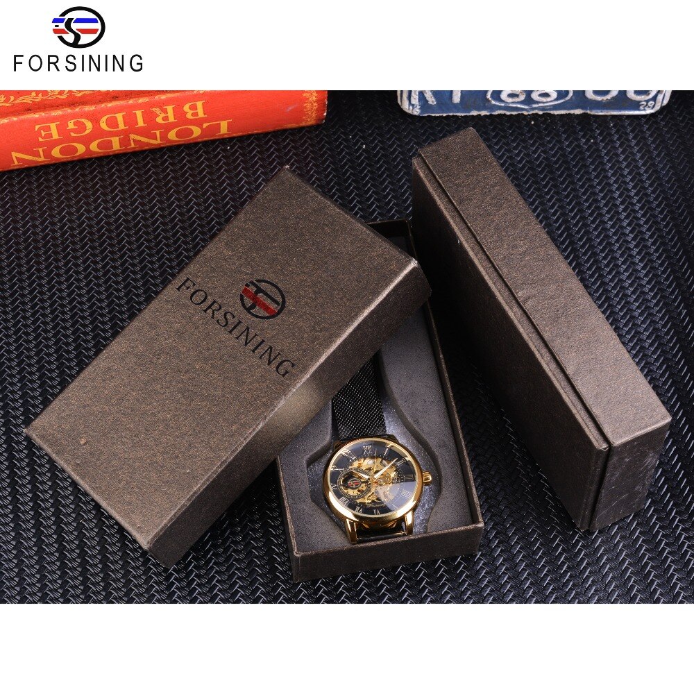 Forsining Classic Retro Luxe 3D Romeinse Aantal Zwarte Mesh Band Transparant Mannen Mechanische Skelet Horloges Top Luxe