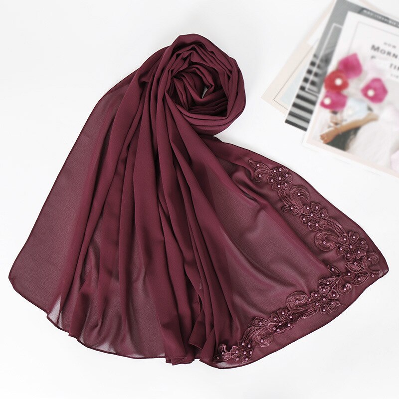 Blasen Chiffon muslimischen kopf schals nagel perle Nacken schal frauen kopf hijabs schals decke schal zubehör mädchen: dunkel Wein rot