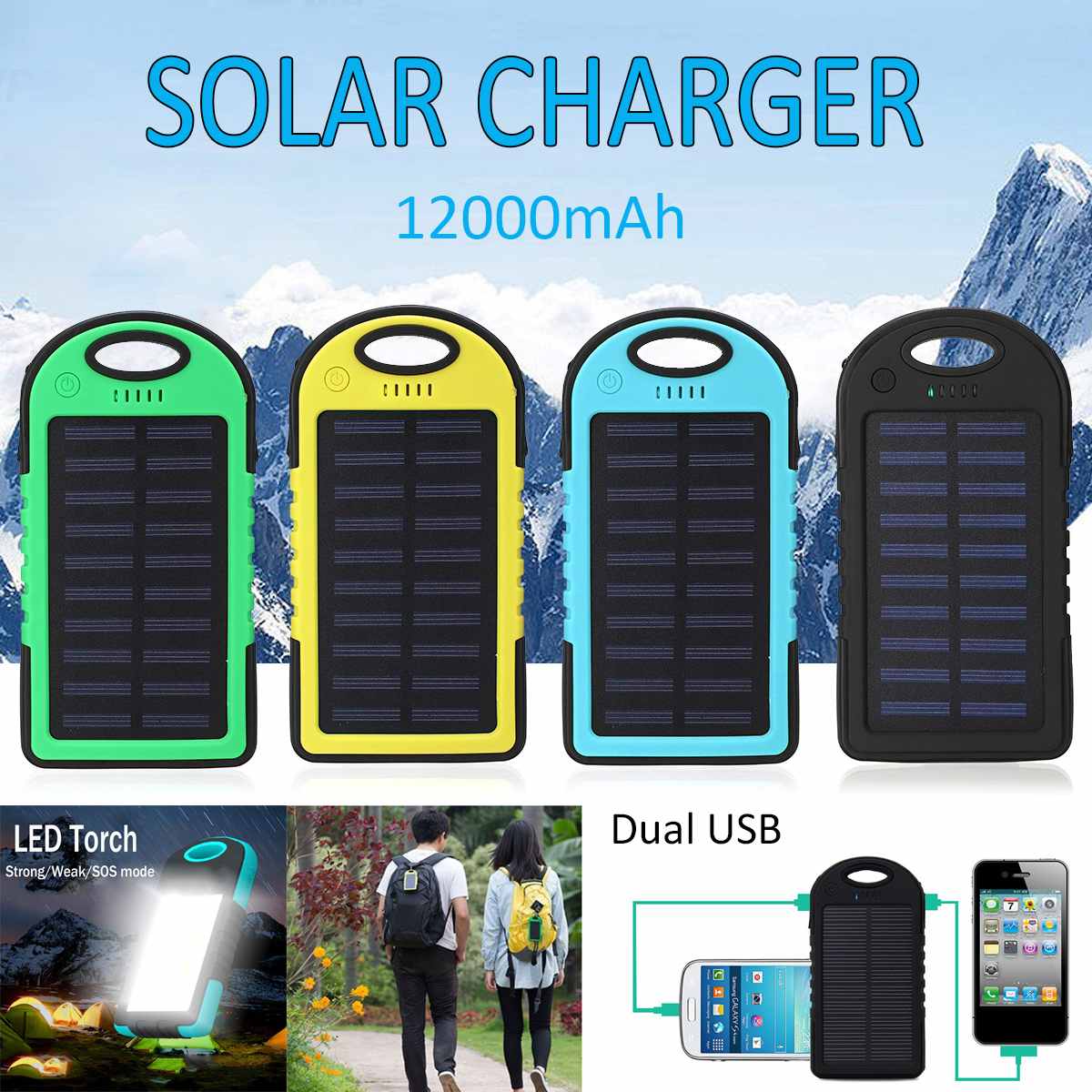 LED Solar Panel Portable Waterproof Bank 12000mAh Dual USB Solar Battery bank Portable Cell Phone Charger
