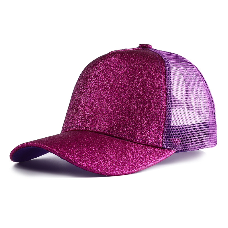 Gorra de béisbol con cola de caballo alta y purpurina para mujer, gorra Snapback informal de malla negra, blanca y rosa, Gorras de camionero para mujer 2023: Morado