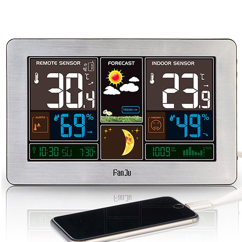Reloj despertador Digital FanJu FJ3378, estación meteorológica de pared para interiores y exteriores, predicción barométrico de humedad y temperatura: Silver