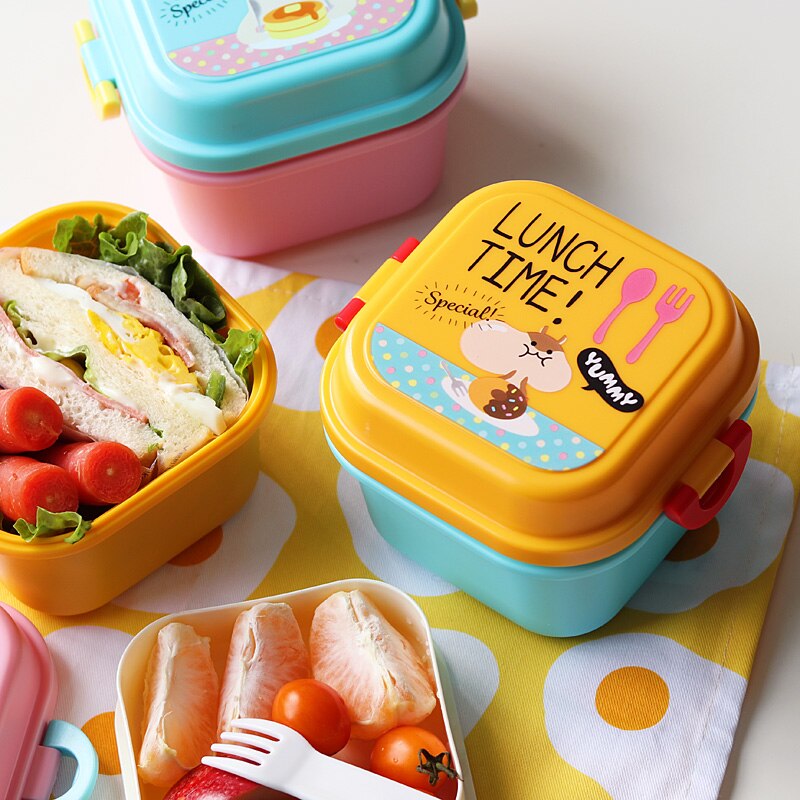 Søt sunn plast dobbel lag matboks tegneserie barn bento bokser matbeholder barn matboks bpa gratis
