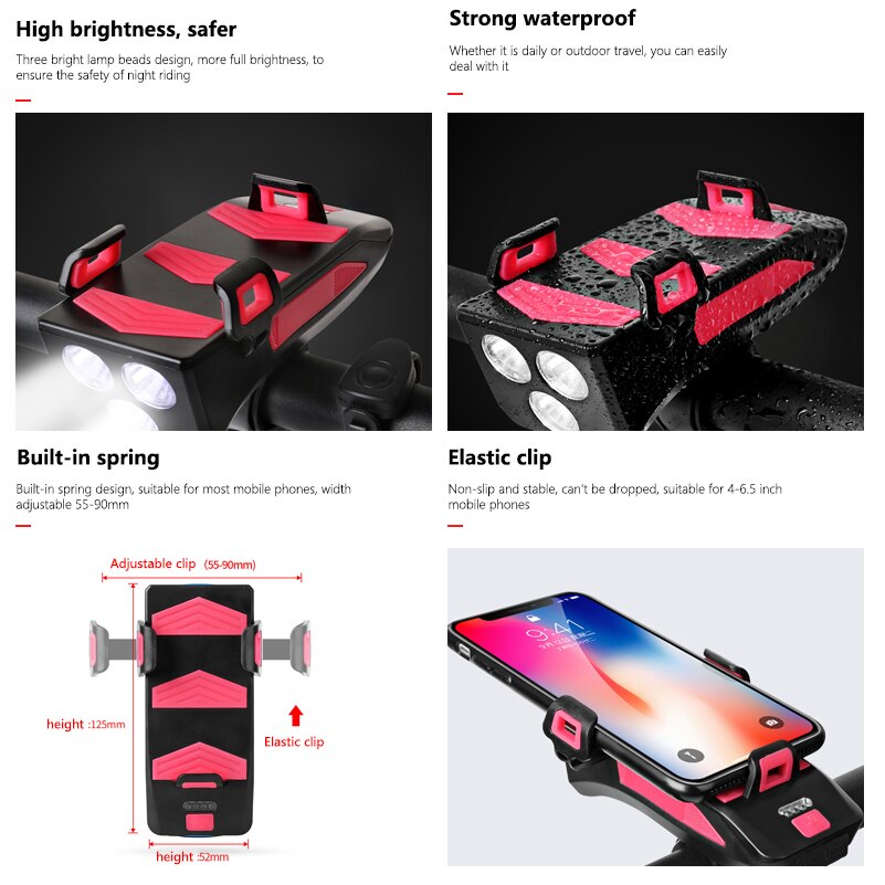 Multi-funktion USB Aufladbare Fahrrad Licht Kopf Lampe Telefon Halfter mit Fahrrad Horn Glocke 4in1 4000mAh MTB Radfahren Vorderseite Licht