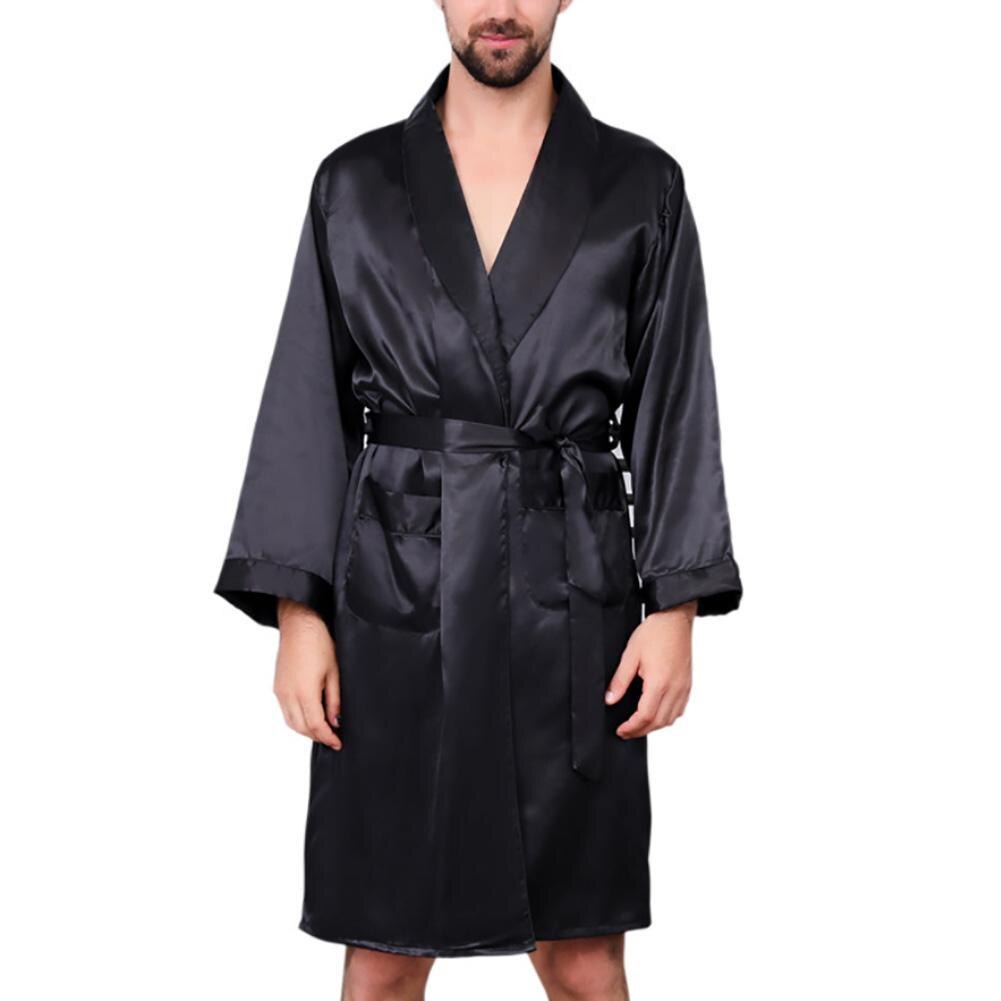 Robes d'été en Imitation soie pour hommes, avec poches, ceinture à la taille, Robe de bain, vêtements de nuit pour la maison, salon: Black / XXXXL