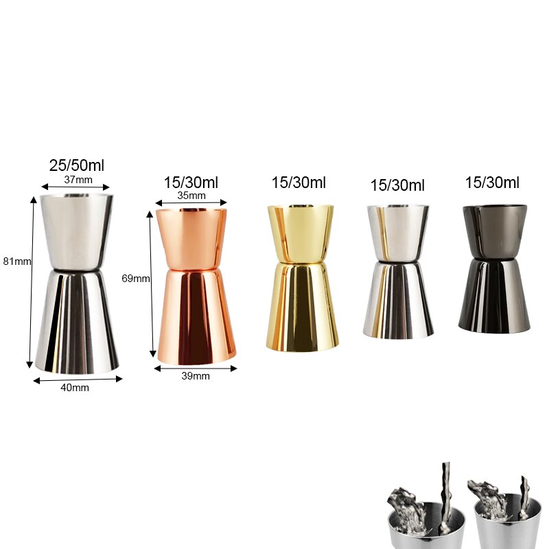 Jicyor 4 stuks Spirit meetset, 25/50 ml 15/30 ml schotmaatregelen voor sterke dranken, roestvrijstalen jigger cocktail dubbele maatbeker, alcoholmaat voor sterke dranken, shotmaat met 2 kleine metalen