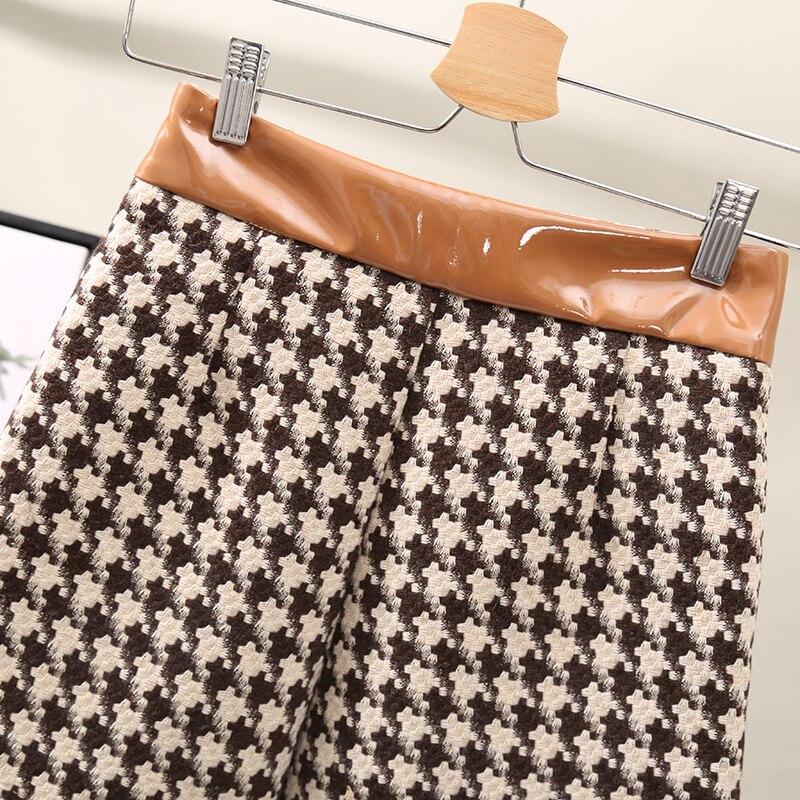 Kvinnor houndstooth shorts ull och lädersömmar rutiga shorts kvinnlig stil breda ben shorts kvinnlig