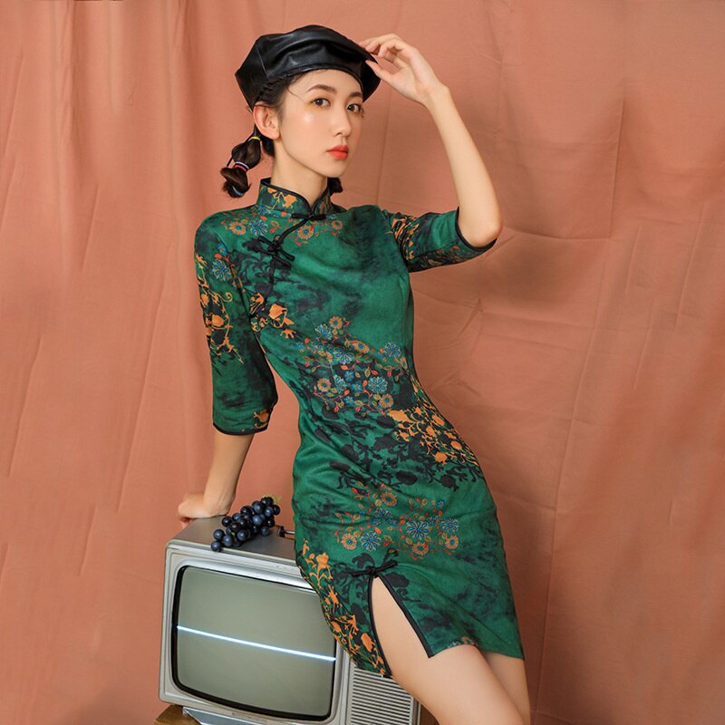 Verde do vintage moda chinesa moderno vestido feminino estilo nacional roupas curto primavera verão novo fino melhorar qipao vestidos da menina