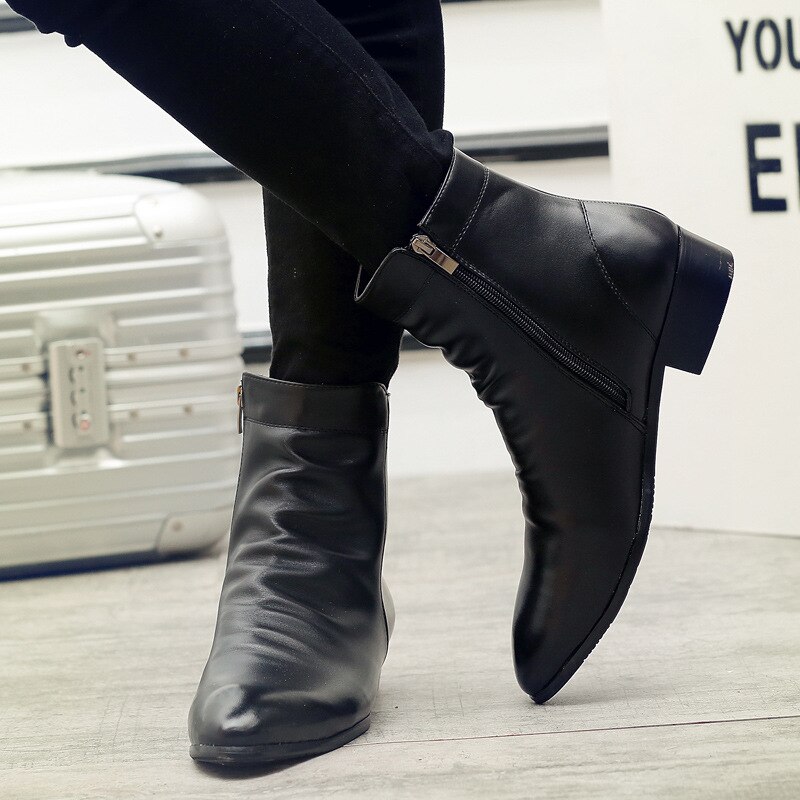 Menn vinterstøvler pu skinn chelsea støvler sko varme sko glidelås støvletter herre ankelstøvletter svarte støvletter  m4-33