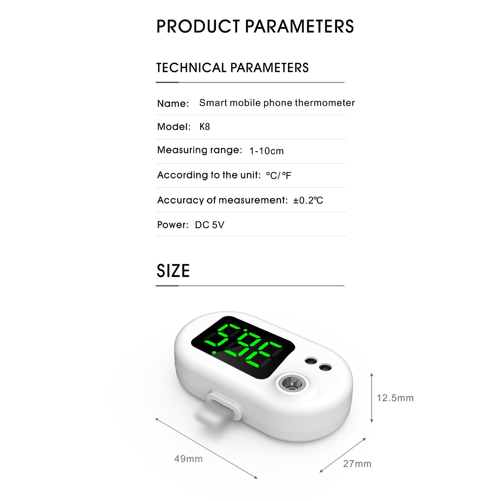 Smart Mobile Phone Thermometer Non Contact Digital Temperature Sensor for Adults & Kid Portable Mini Thermometer Used with Phone