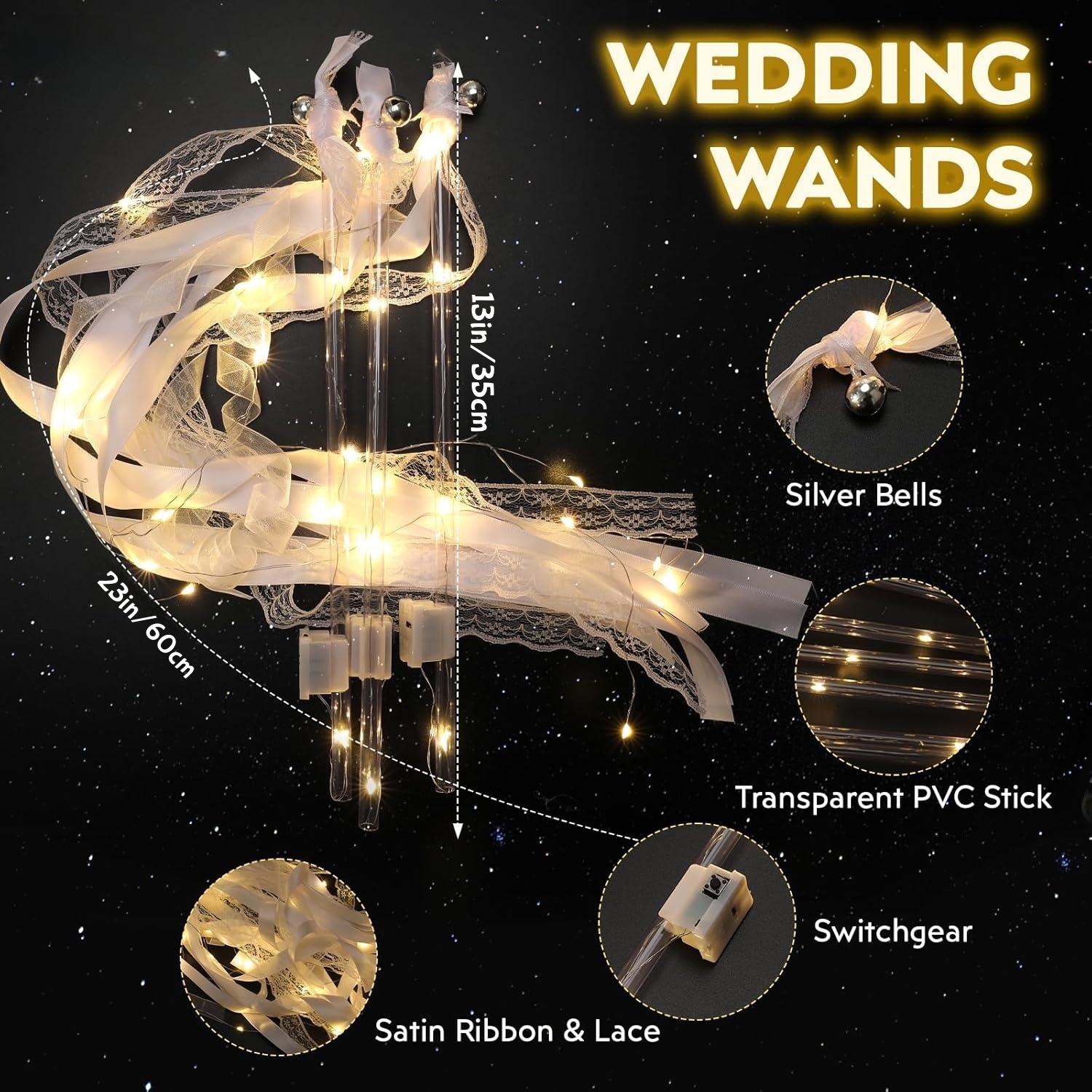 12-60Pcs Light Up Wedding Sparklers LED Wedding Wands Streamers Silk Fairy Wands with Bells for Wedding Birthday Party Supplies