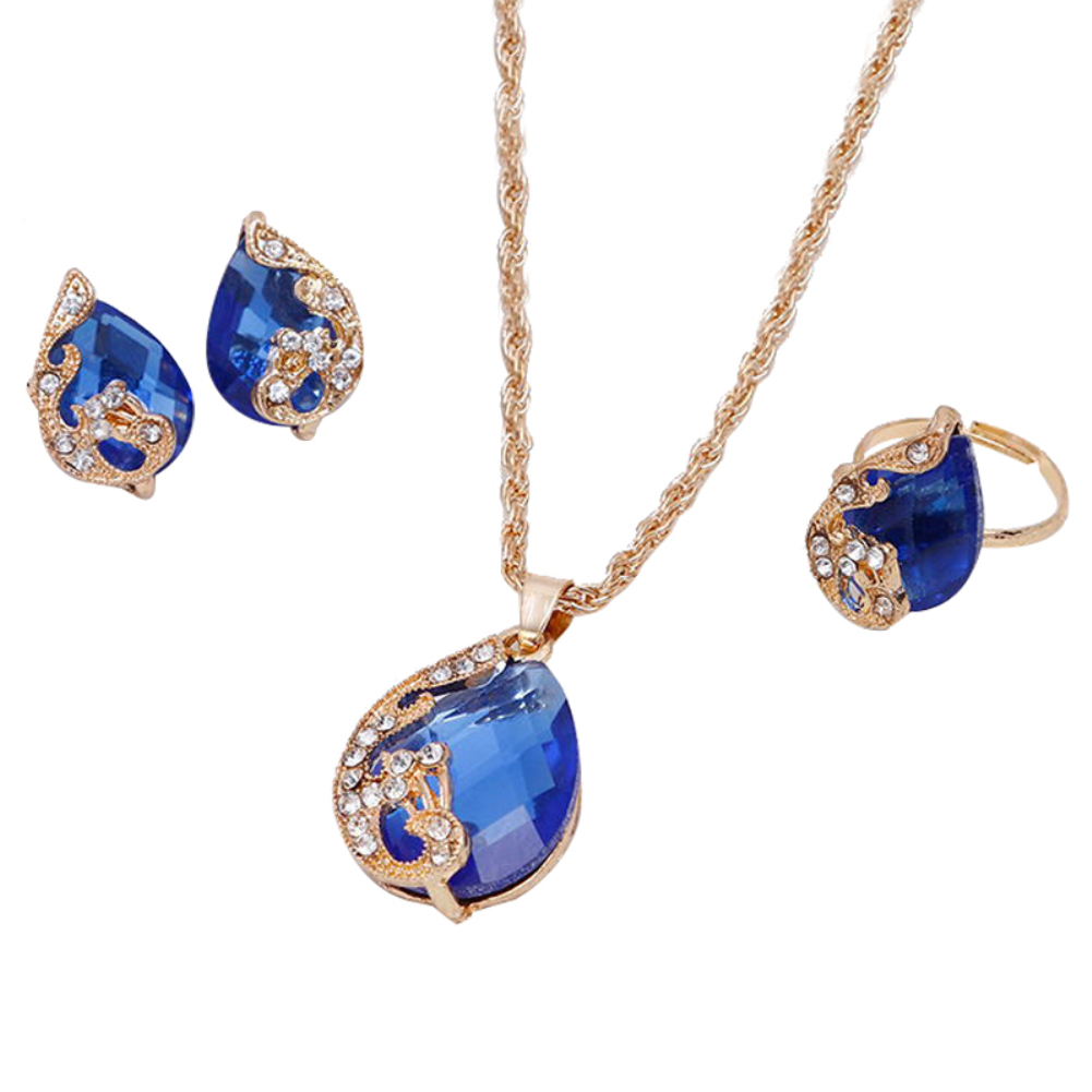 Vrouwen Sieraden Set Glanzende Water Vorm Strass Ketting Oorbellen Ring Pauw Crystal Koreaanse Sieraden Set: Blue