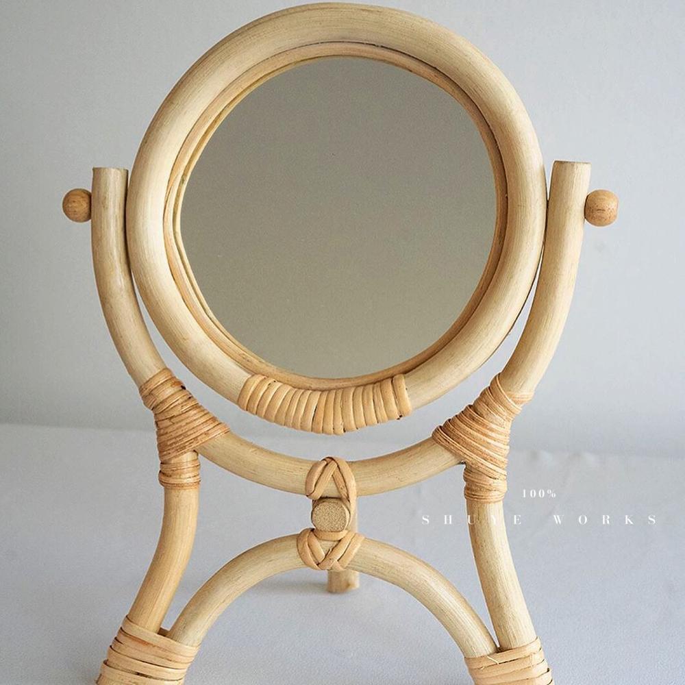 Hand-woven mirror natural rattan dressing table makeup mirror retro desktop vertical flip mirror home decoration