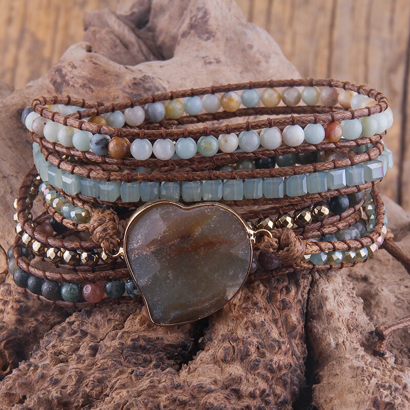 RH Handma-pulsera Bohemia con piedras naturales mezcladas, colgante de corazón, 5 pulseras de tiras, para mujer: Amazonite
