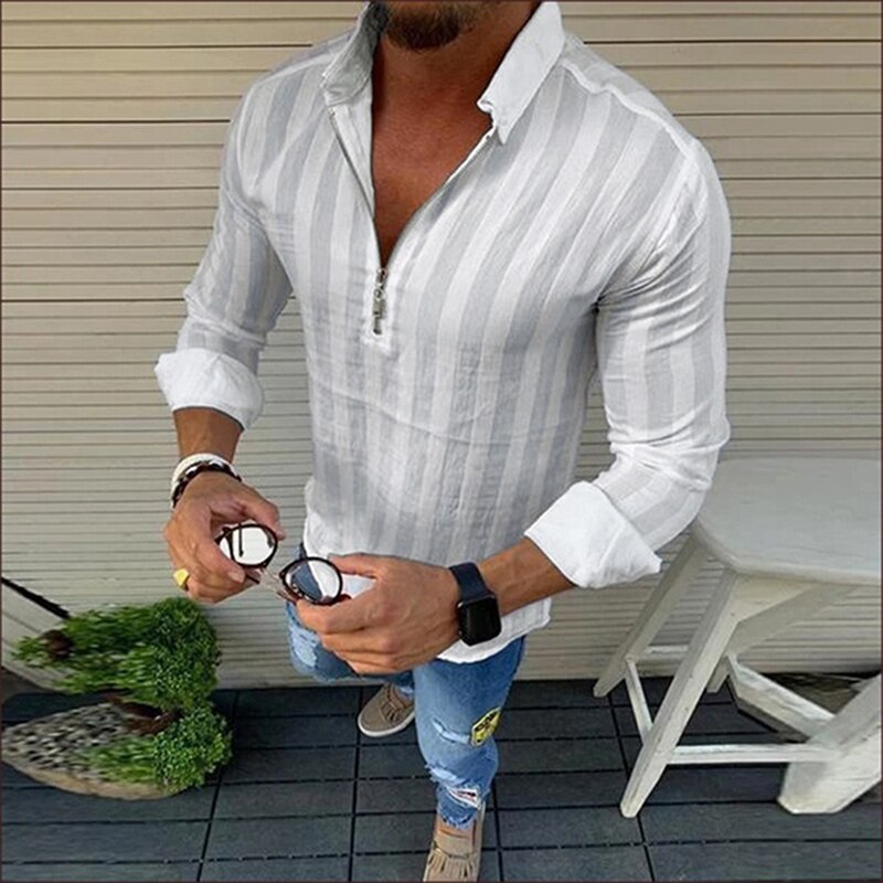 Gestreepte overhemden heren lange mouwen revers hals ritsen streetwear bovenkleding chique camisa heren overhemden plus size