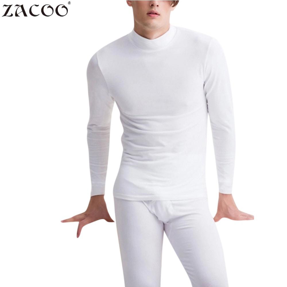 ZACOO stand neck White Men's long johns Thermal Underwears 2Pcs Solid Warm Thick Brushed Men Autumn Thermal Underwear Sets san0