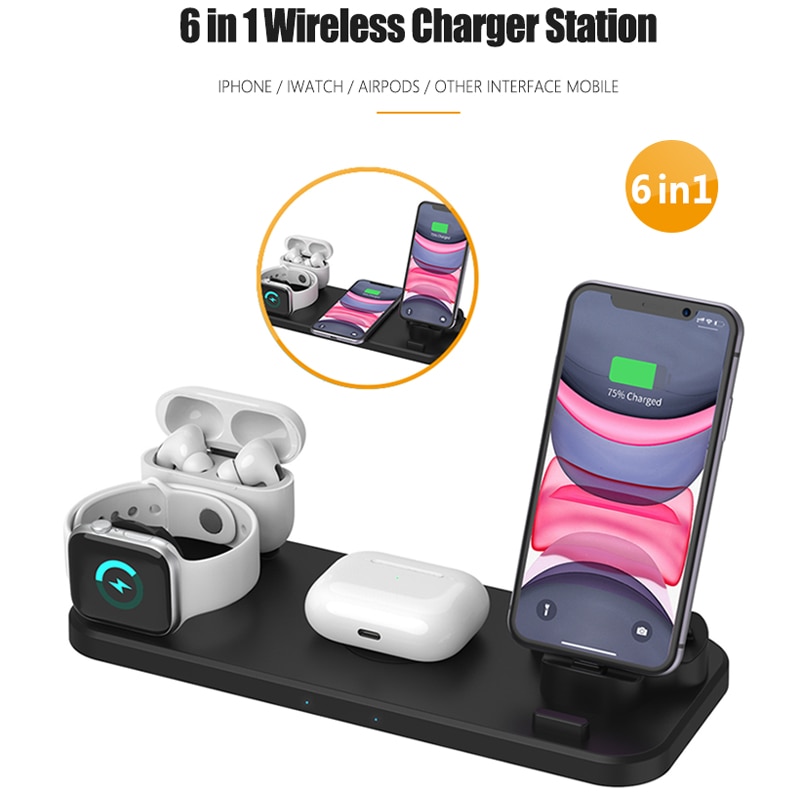 6 in 1 Wireless Charger Stand Mobile Phone Quick Charge Dock Micro USB Type-C for iPhone iWatch 5 4 3 Airpods Wireless Charging