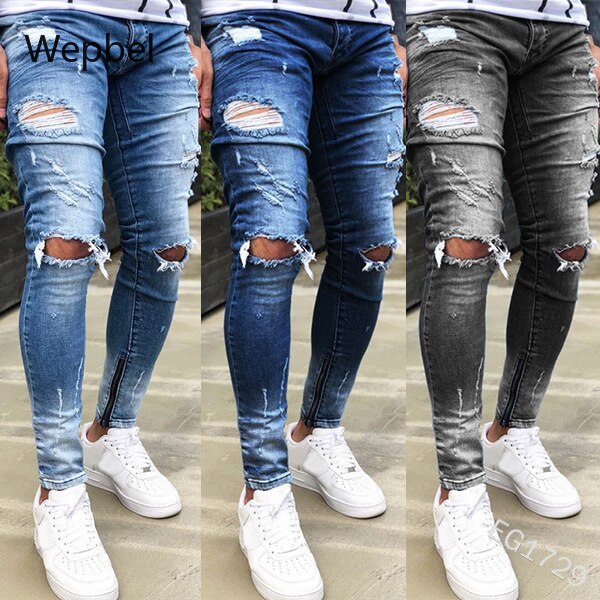 Wepbel lynlås stramme denimbukser plus størrelse huller jeans mænd capri-bukser benåbning midt talje pencil denimbukser