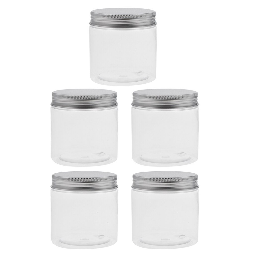 Set van 5 doorzichtige plastic potjes/potjes 200ml aluminium schroefblikken, make-upcontainers, lege flesjes voor lotion, balsem, tea tree-olie en honing.