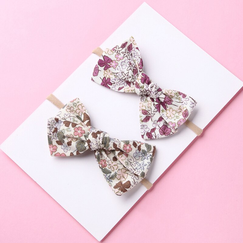 Warmom Classic Rural Floral Linen Fabric Bowknot Headwear Children's Super Soft Nylon Hair Band Kids Girl Hair Accessories