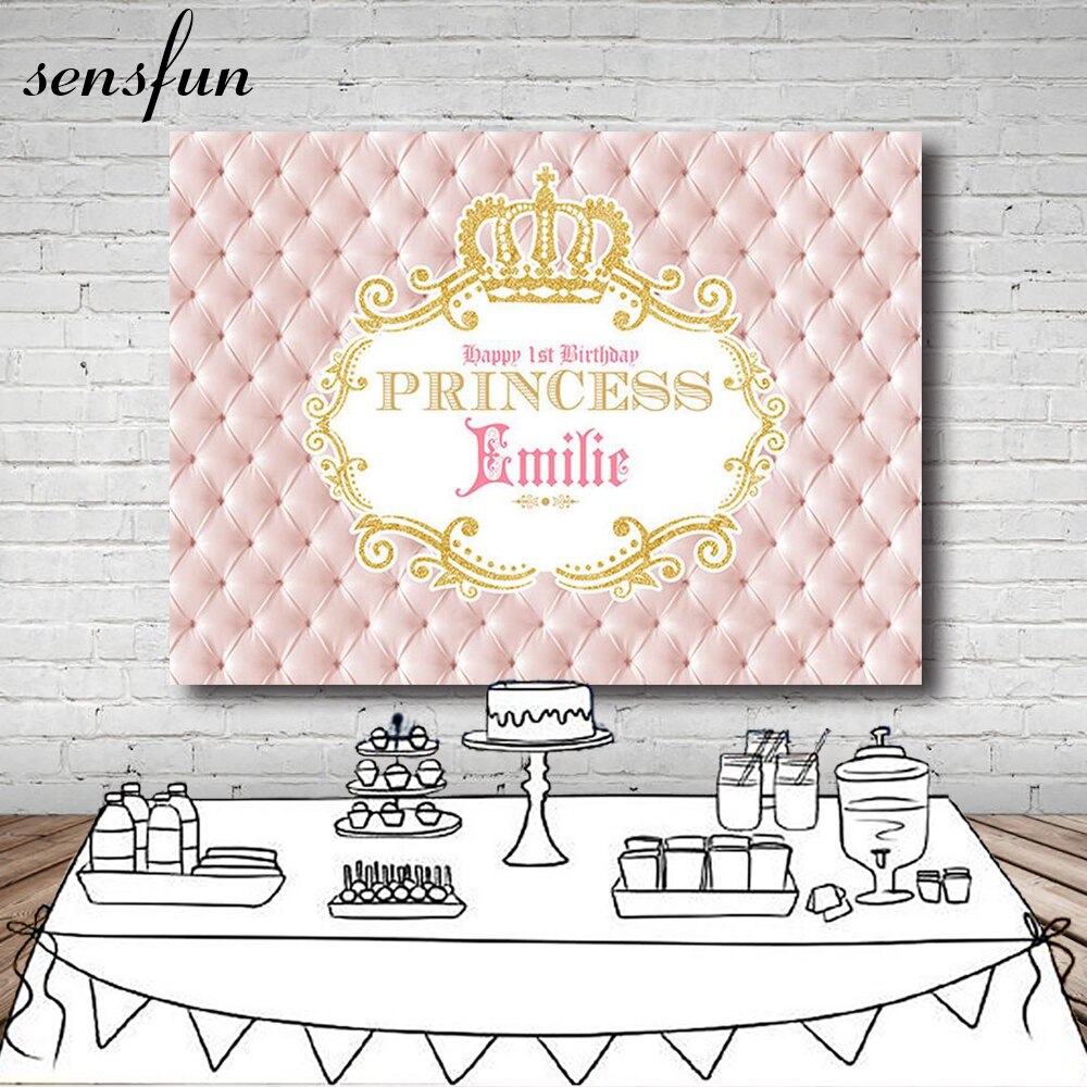 Sensfun Pink Gold Crown Birthday Backdrop - 7x5ft Vinyl/Polyester - Kids Party Studio Photography