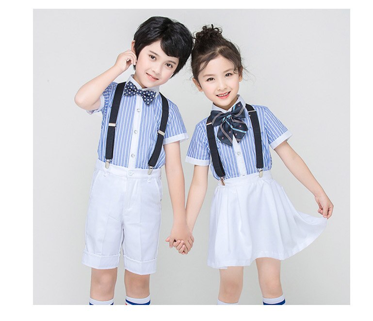 4Pcs Formele Gentleman Jongens Zomer Bruiloft Outfits Witte Rok Blauwe Shirts Met Vlinderdas Meisjes Studenten School Uniform Past