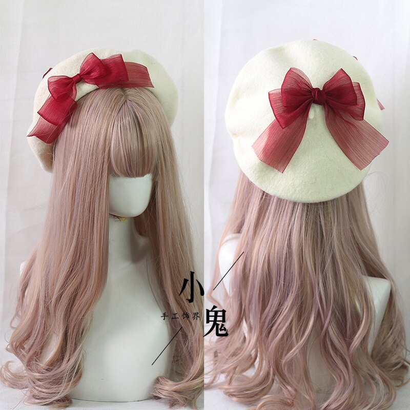 Muticolors Lolita berety mieszanka wełny kapelusz kobiety kokardka dziewczęca styl marynarski elegancki, szykowny czapka studencka: red bow