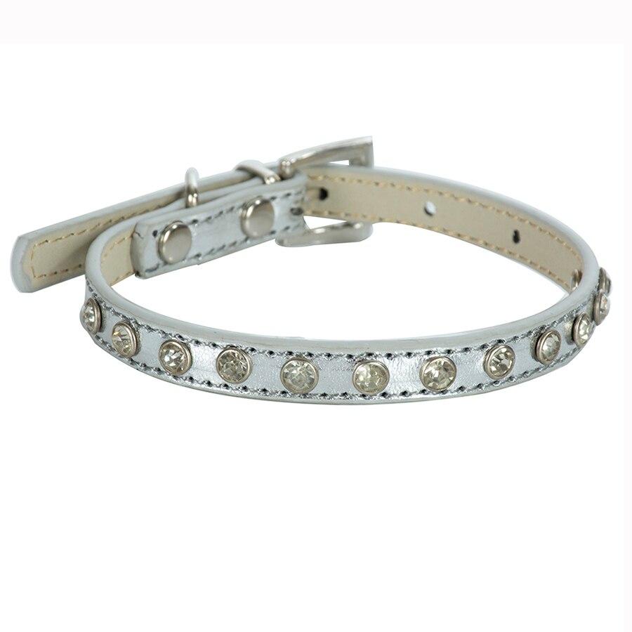 Bling Rhinestones PU Leather Cat Collar Crystal Studded Collars Yorkie Adjustable 8-11'' Cats Products for Pets Pink Red Purple: Silver