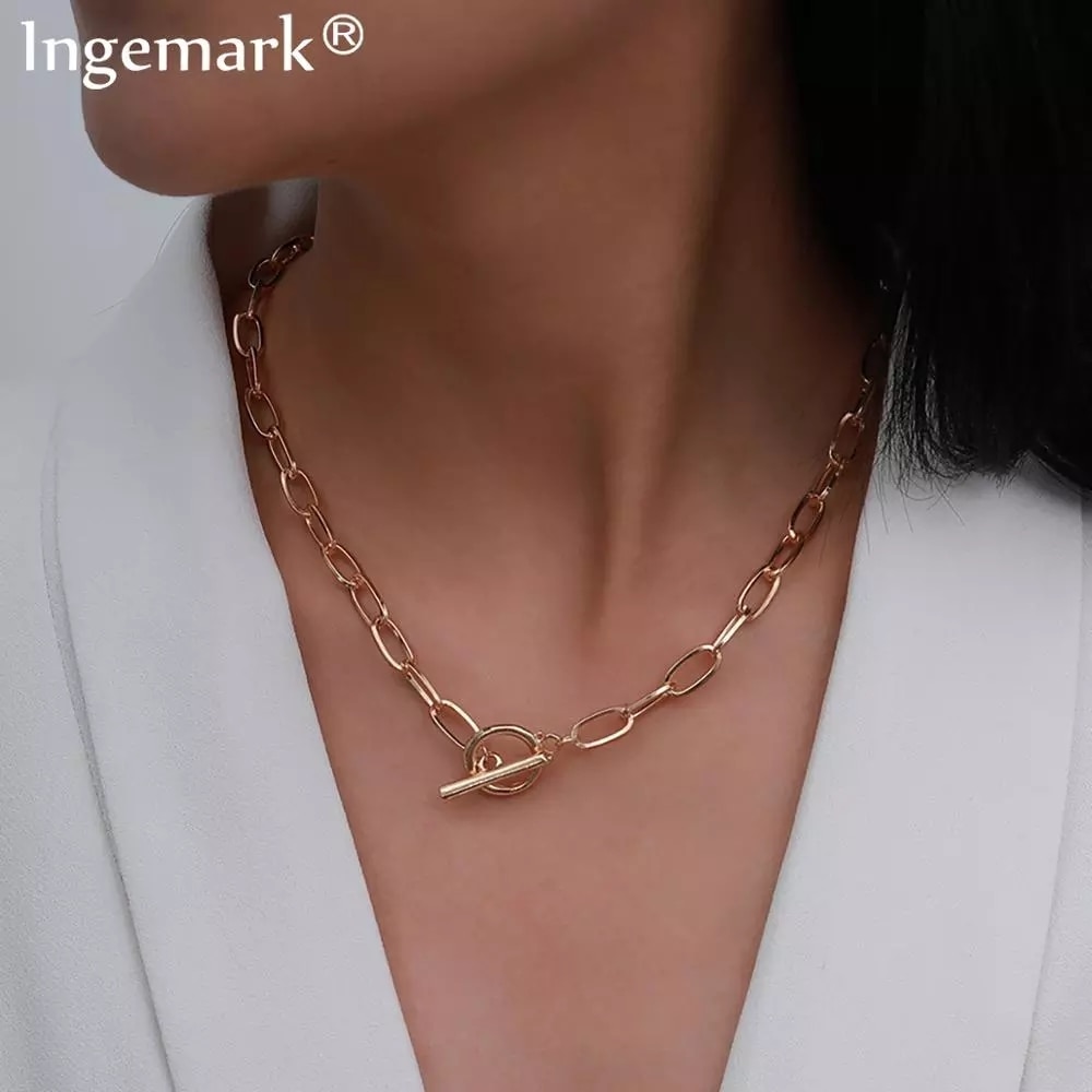 Cadena de hierro gótica con cierre de palanca para mujer, collar de Color dorado, Gargantilla minimalista de boda, círculo unido, Lariat, collares para mujer