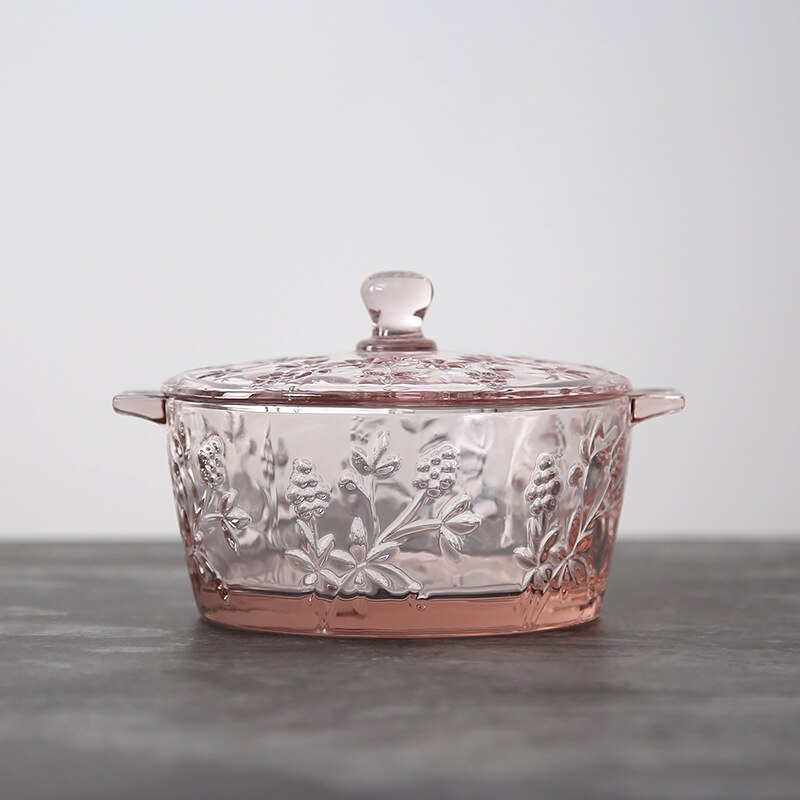 Bol à soupe en verre coloré, avec couvercle de bassin, relief Vintage sculpté, vaisselle en verre coloré de 700ml: Rose