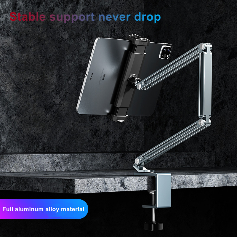 Desktop Adjustable Long Arm Foldable Tablet Stand Aluminum Cell Phone Holder Multi-angle Rotation 4-13'' Bed Table iPad Stand