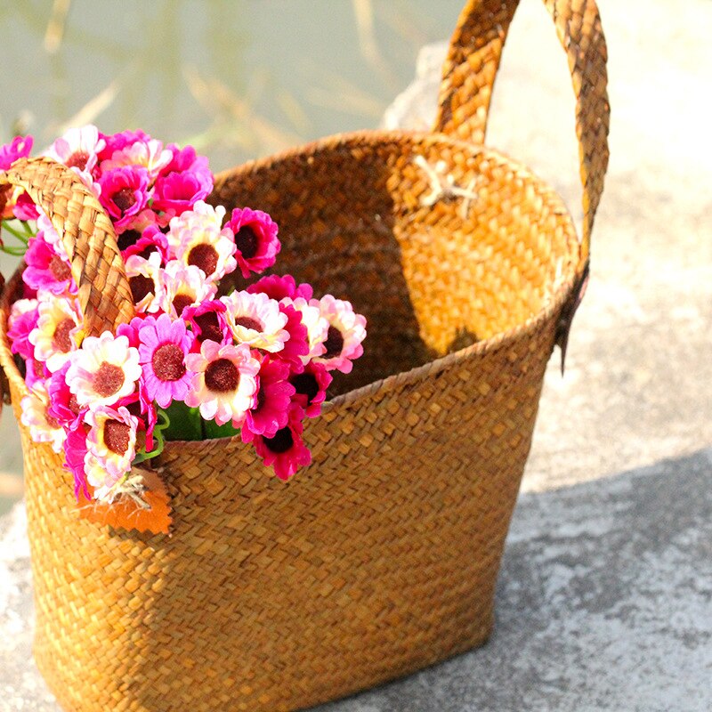 Naturlig rund halmkorg handgjord med handtag orange 33 x 21 x 26cm
